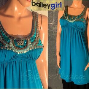 3/$40 Teal Green Knit Sequin Embellished Baby Doll Pullover Tank Mini Dress~M